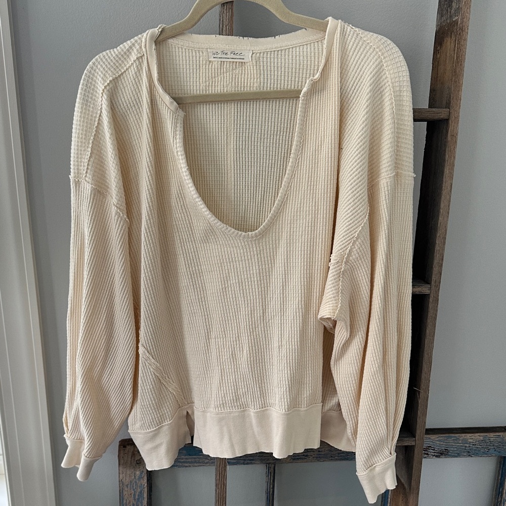 We the free Cream Waffle Knit V-Neck Sweater